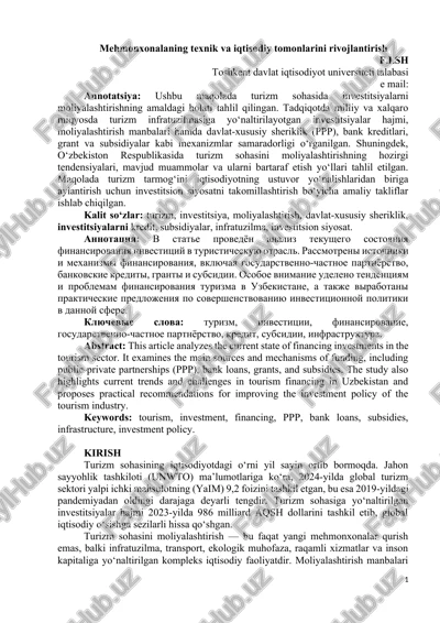 turizm sohasida investitsiyalarni moliyalashtirish — DOCX