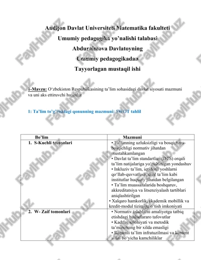 o‘zbekiston respublikasining ta’lim sohasidagi davlat siyosati mazmuni va uni aks ettiruvchi hujjatlar — DOCX
