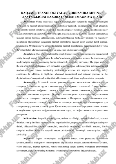 raqamli texnologiyalar yordamida mehnat xavfsizligini nazorat qilish imkoniyatlari — DOCX