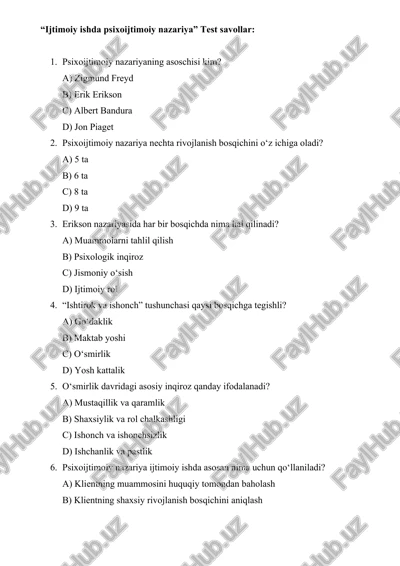 ijtimoiy ishda psixoijtimoiy nazariya test savollar — DOCX