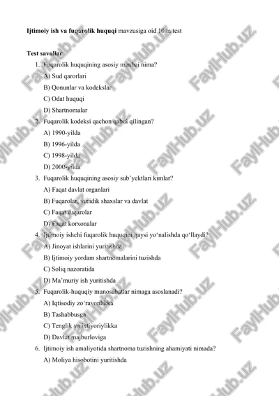 ijtimoiy ish va fuqarolik huquqi test savollari — DOCX