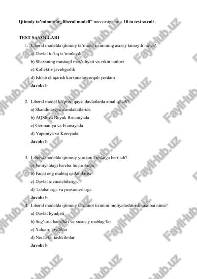 ijtimoiy ta’minotning liberal modeli test savollari — DOCX