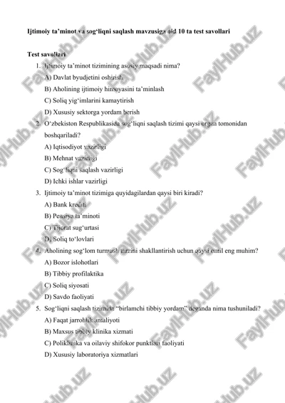 ijtimoiy ta’minot va sog‘liqni saqlash mavzusiga oid 10 ta test savollari — DOCX