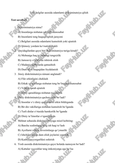 diskriminatsiya haqida test savollari — DOCX