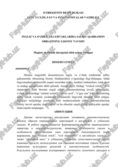 ingliz va o‘zbek tili ertaklarida salbiy qahramon obrazining lisoniy tavsifi — DOCX