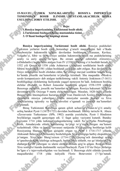 o’zbek xonliklarining rossiya imperiyasi tomonidan bosib olinishi. mustamlakachilik idora usulining joriy etilishi. — PDF