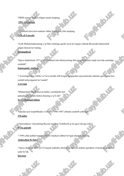 tarix fanidan yopiq testlar javoblari bilan — DOCX