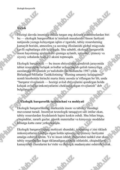 ekologik barqarorlik (ilmiy maqola) — DOCX