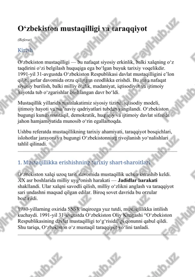o‘zbekiston mustaqilligi va taraqqiyot (referat) — DOCX