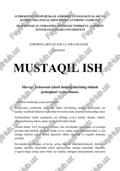 axborotni izlash funksiyalarining ishlash prinsiplari va tuzulmasi. — DOCX