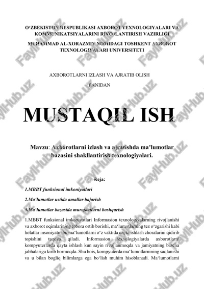 axborotlarni izlash va ajratishda maʼlumotlar bazasini shakllantirish texnologiyalari — DOCX