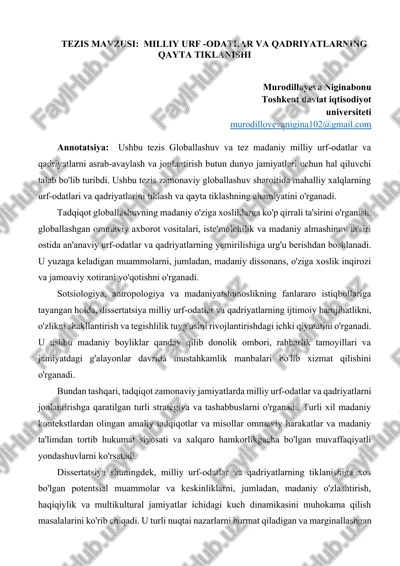 milliy urf -odatlar va qadriyatlarning qayta tiklanishi — DOCX