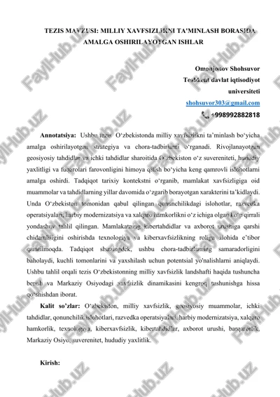 milliy xavfsizlikni ta'minlash borasida amalga oshirilayotgan ishlar — DOCX