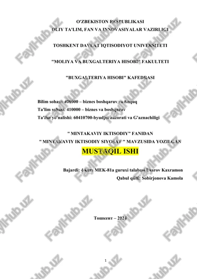 "mintakaviy iktisodiy siyosat" — DOCX