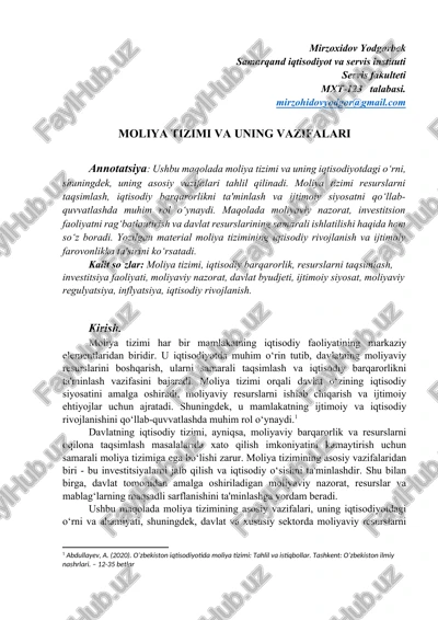moliya tizimi va uning vazifalari — DOCX