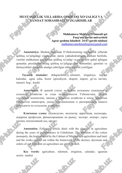 mustaqillik yillarida qishloq xo‘jaligi va sanoat sohasidagi o‘zgarishlar — DOCX