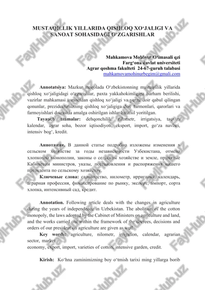 mustaqillik yillarida qishloq xo‘jaligi va sanoat sohasidagi o‘zgarishlar — DOCX
