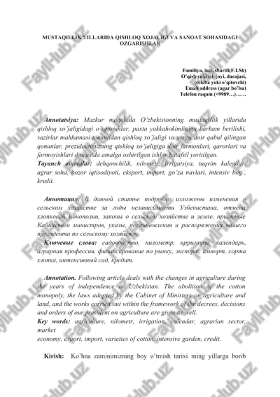 mustaqillik yillarida qishloq xojaligi va sanoat sohasidagi ozgarishlar — DOCX