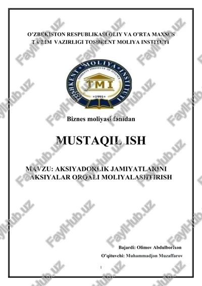aksiyadorlik jamiyatlarini aksiyalar orqali moliyalashtirish — DOCX