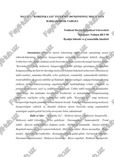 "korzinka go" internet do’konining moliyaviy barqarorlik tahlili — DOCX