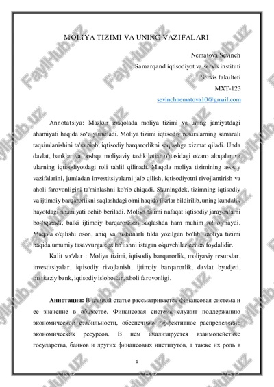 moliya tizimi va uning vazifalari — PDF