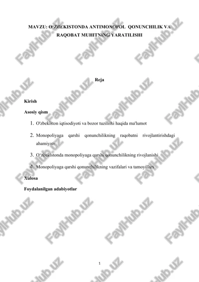 o‘zbekistonda antimonopol qonunchilik va raqobat muhitning yaratilishi — DOCX
