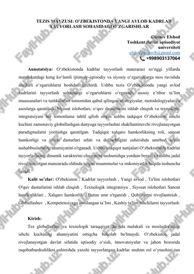 o'zbekistonda yangi avlod kadrlar tayyorlash sohasidagi o’zgarishlar — DOCX