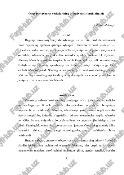 ommaviy axborot vositalarining ijtimoiy ta'sir kuchi sifatida — DOC