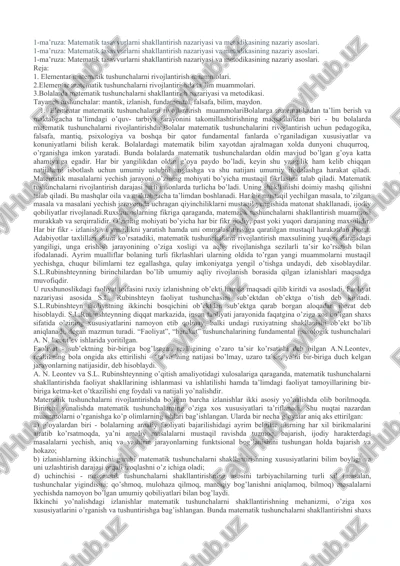 matematik tasavvurlarni shakllantirish nazariyasi va metodikasi — DOCX