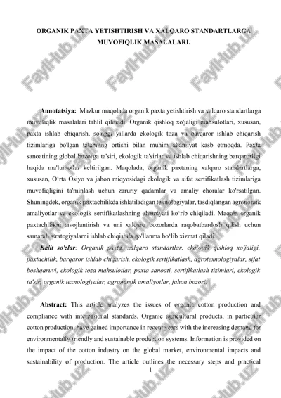 organik paxta yetishtirish va xalqaro standartlarga muvofiqlik masalalari — DOCX