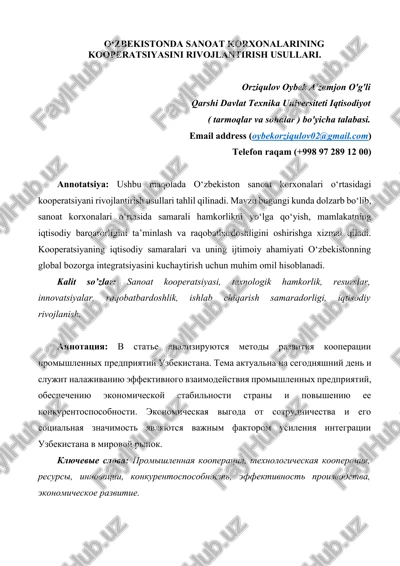 o‘zbekistonda sanoat korxonalarining kooperatsiyasini rivojlantirish usullari — DOCX