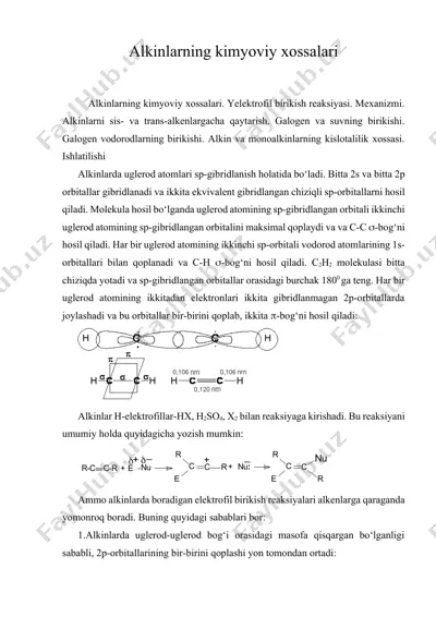 alkinlarning kimyoviy xossalari — DOCX