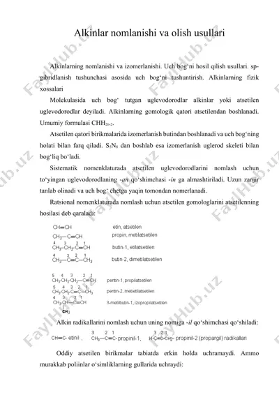 alkinlar nomlanishi va olish usullari — DOCX