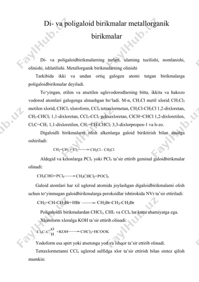 di- va poligaloid birikmalar metallorganik birikmalar — DOCX