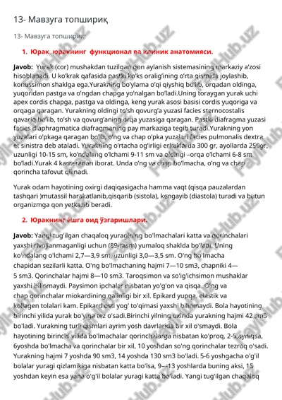 yurak (cor) mushakdan tuzilgan qon aylanish sistemasining markaziy a’zosi — DOCX