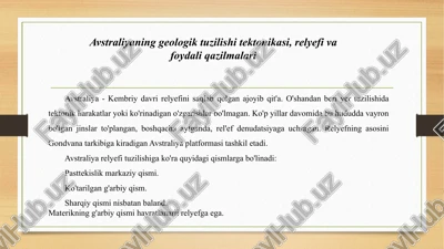 avstraliyaning geologik tuzilishi tektonikasi, relyefi va foydali qazilmalari — PPTX
