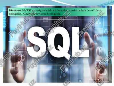 mysql serveriga ulanish, ma`lumotlar bazasini tanlash. xatoliklarni boshqarish. kutubxona fayllarini hosil qilish — PPTX