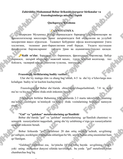 zahiriddin muhammad bobur lirikasida barqaror birikmalar va frazeologizmlarga misollar topish — DOCX
