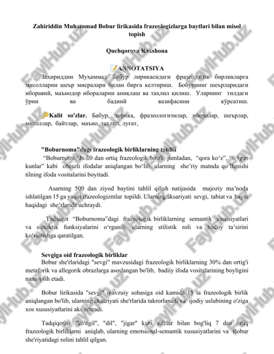 zahiriddin muhammad bobur lirikasida frazeologizlarga baytlari bilan misol topish — DOCX