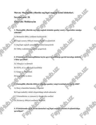 mustaqillik yillarida sog'liqni saqlash tizimi islohotlari — DOCX