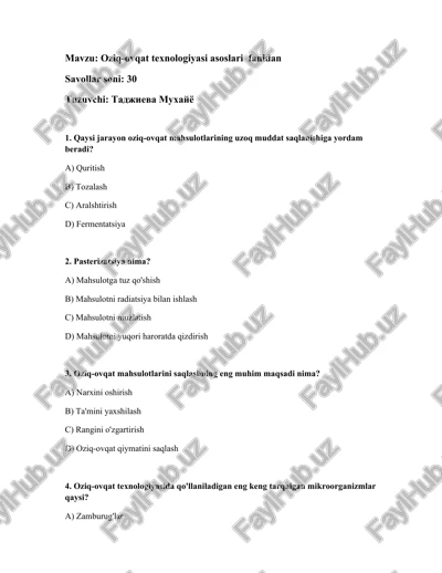 oziq-ovqat texnologiyasi asoslari fanidan — DOCX