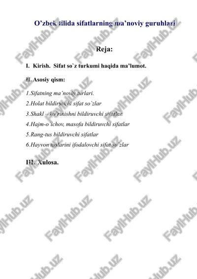o’zbek tilida sifatlarning ma’noviy guruhlari — DOC