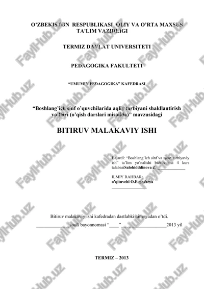 boshlang’ich sinf o’quvchilarida aqliy tarbiyani shakllantirish — DOC