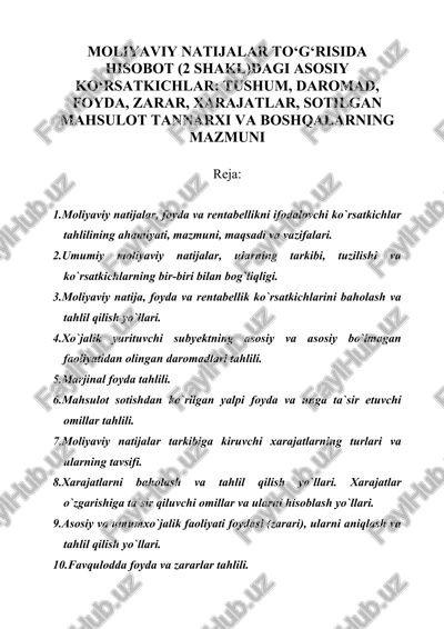 moliyaviy natijalar to‘g‘risida hisobot (2 shakl) — DOC