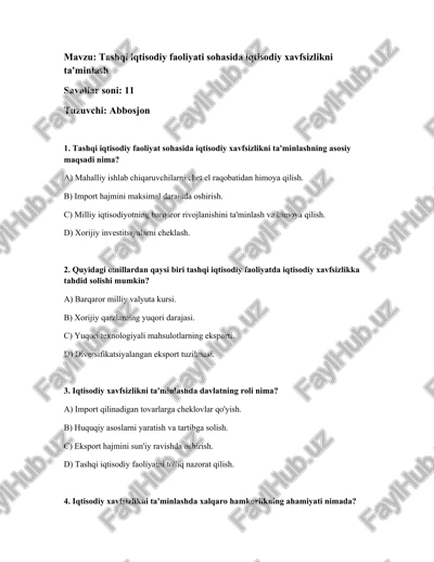 tashqi iqtisodiy faoliyati sohasida iqtisodiy xavfsizlikni ta'minlash — DOCX