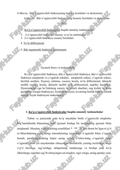 ikki o’zgaruvchili funksiyaning hususiy hosilalari va ekstremum. — DOCX