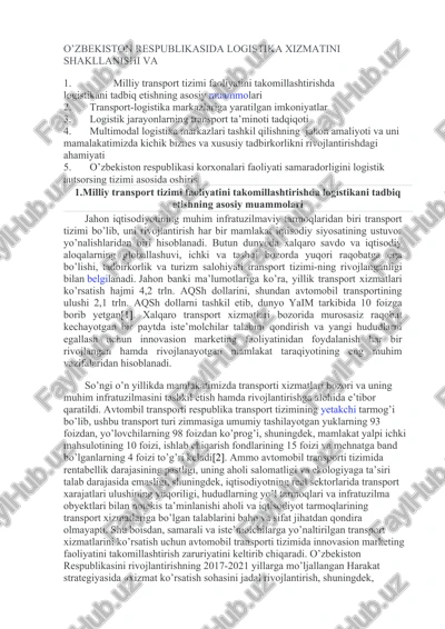 transport tizimi rivojlanishi va logistika — DOCX