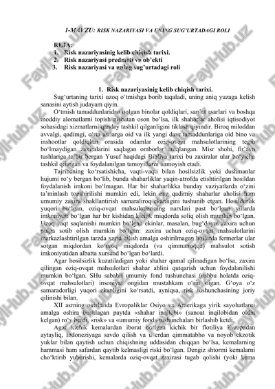 risk nazariyasi va uning sug’urtadagi roli — DOCX