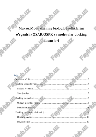 moddalarning biologik faolliklarini o’rganish (qsar/qspr va molekular docking dasturlari) — PDF