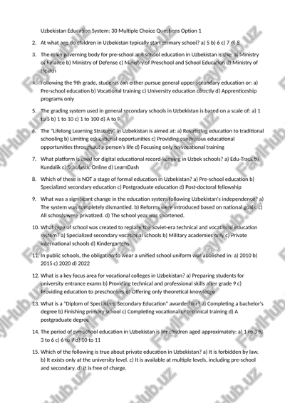uzbekistan education system: 30 multiple choice questions option 1 — DOCX